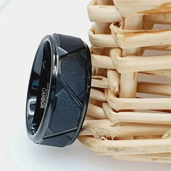 "Geometric Pattern Black Tungsten Wedding Band, GALTUN1024 - Picture 4 of 5